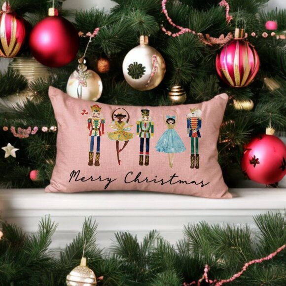 Nutcracker Christmas Pillow Cover Decorative Pink Case Accent Xmas Holiday Decor - Picture 3 of 5
